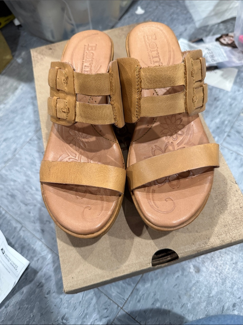 Born Women's Tan Leather Double-Buckle Slide Sandals